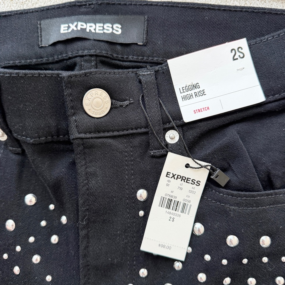 🖤 EXPRESS Black Studded High Waisted Skinny Jean Leggings - Picture 13 of 13